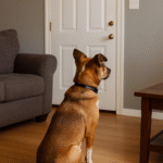 Chien seul dans un salon, regard attentif vers la porte, image illustrant un article sur les colliers anti-aboiement pour chien