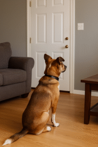 Chien seul dans un salon, regard attentif vers la porte, image illustrant un article sur les colliers anti-aboiement pour chien